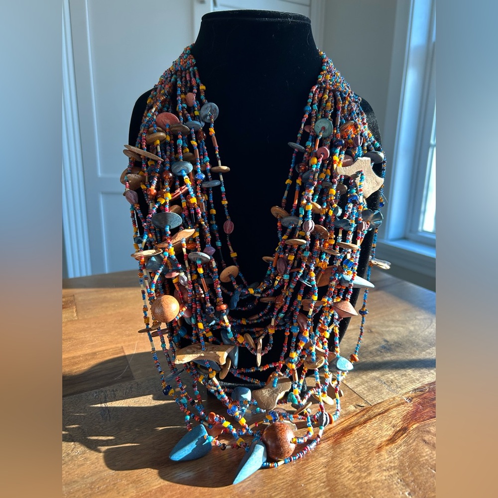 NWOT, Artisan Handmade 20 Strand Bib Necklace Made of Glass and Wood Beads, 24”